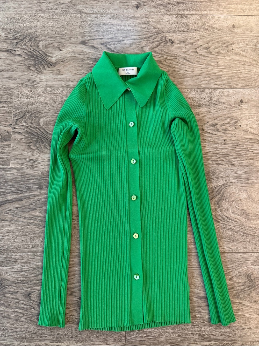 Babaton Bright Green Ribbed Button-Down Collared Top